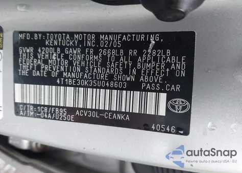 2005 Toyota Camry Le from USA, damaged, VIN 4T1BE30K35U048603